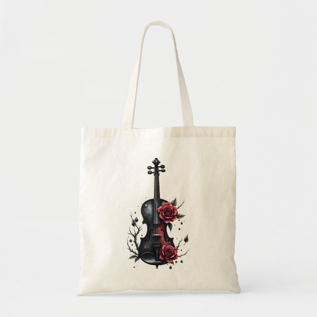 Bolsa Tote Violino preto gótico com rosas vermelhas (Frente)