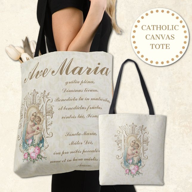 Bolsa Tote Virgem Católica Mary Ave Maria Baby Jesus Floral (Share your love for Our Blessed Mother, Our Lady of Salvation. )