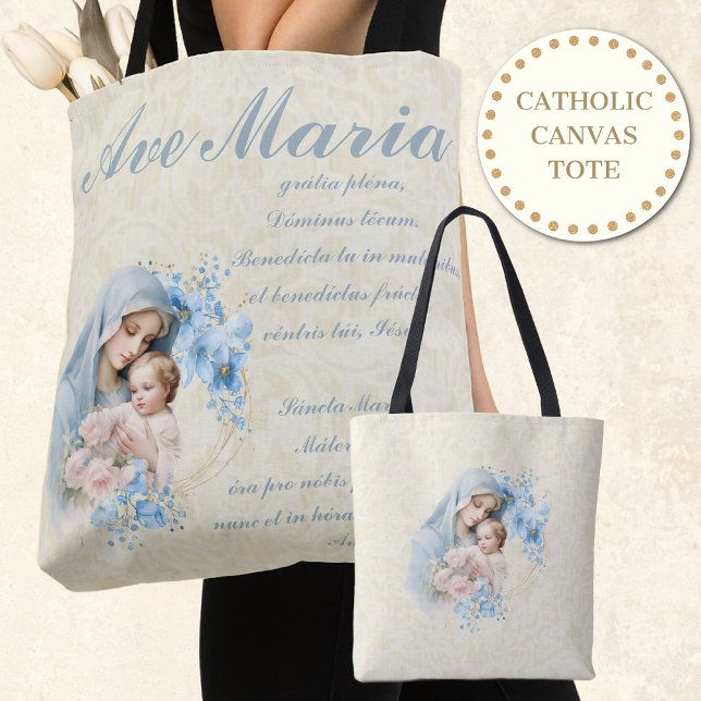 Bolsa Tote Virgem Católica Mary Jesus Floral Azul Ave Maria (Criador carregado)