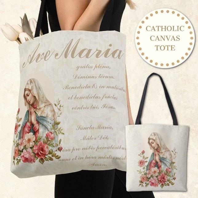 Bolsa Tote Virgem Católica Mary Rosa vermelha Floral Ave Mari (Criador carregado)