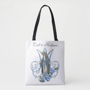 Bolsa Tote Virgem Religiosa Mary Marian Cross Blue Flowers