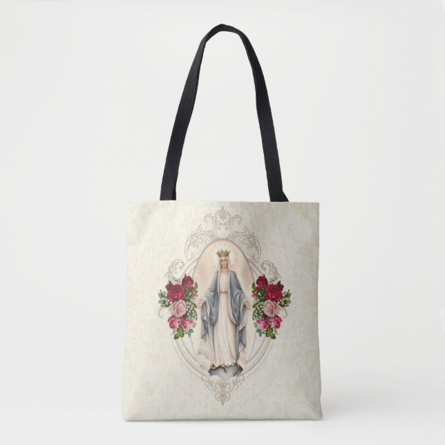 Bolsa Tote Virgem Rosa Católica Religiosa Maria (Frente)