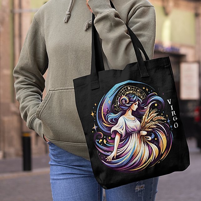 Bolsa Tote Virgo Zodiac, Cor d'Água Elegante, Preto (Criador carregado)
