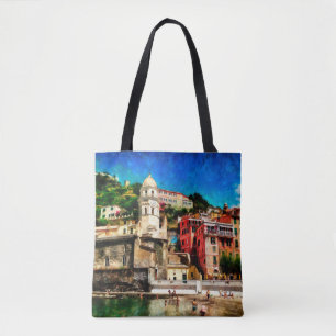 Bolsa Tote Visão de Vernazza, Itália. Conto de pintura aquosa