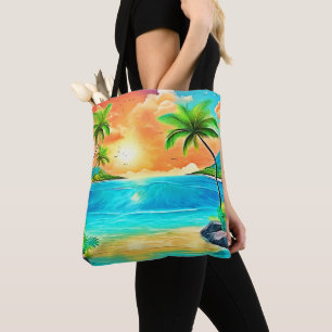 Bolsa Tote Vista de Praia de Paraíso Sunset Tropical