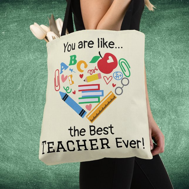 Bolsa Tote Você é como... o Melhor Professor de Todos Persona (Best teacher ever customizable tote bag with heart crayons and books design)