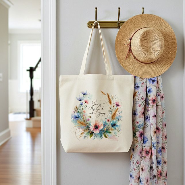Bolsa Tote Você é o Deus que fica, floral de aquarela (Criador carregado)