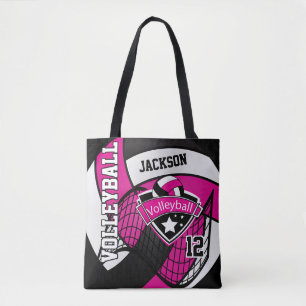 Bolsa Tote Voleibol Rosa Quente, Negro e Branco