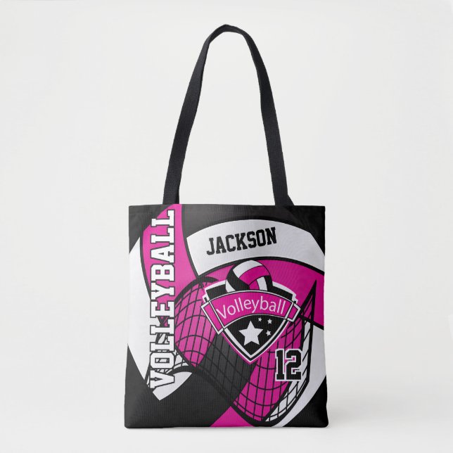 Bolsa Tote Voleibol Rosa Quente, Negro e Branco (Frente)