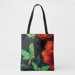 Bolsa Tote Voos Verdes Vivos e Flores Vermelhos Brilhantes Il