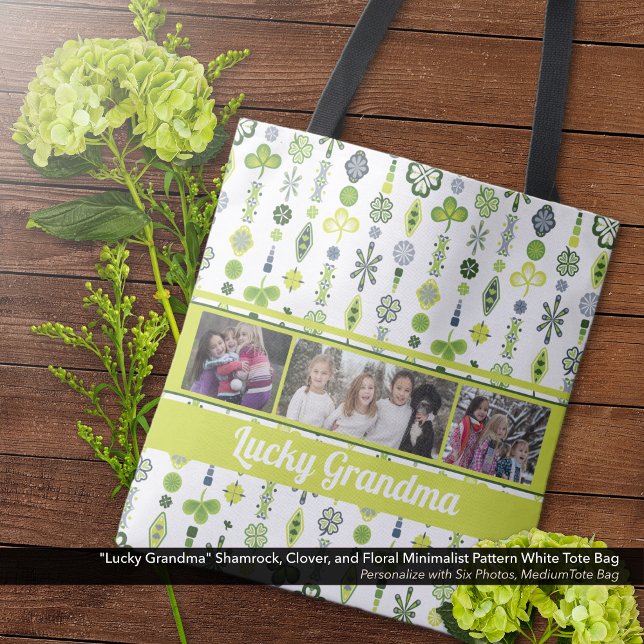 Bolsa Tote "Vovó Sortuda" Shamrock Clover Pattern Foto ("Lucky Grandma" Shamrock, Clover, and Floral Pattern Tote Bag - Personalize with Six Photos)