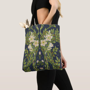 Bolsa Tote Walter Crane Antigo Padrão Lírio Branco Navy