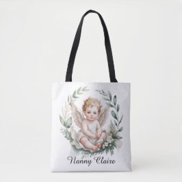 Bolsa Tote Watercolor Angel Wings Baptism Green Godparents
