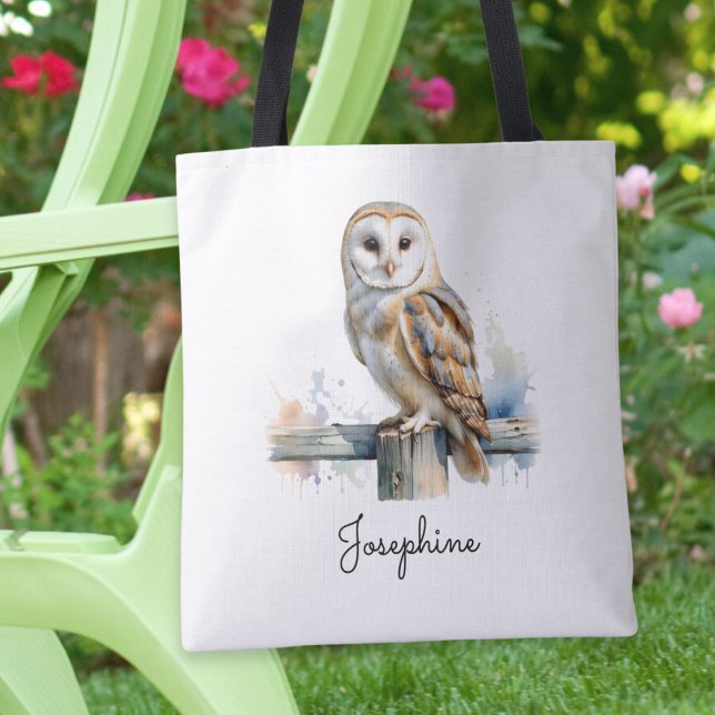 Bolsa Tote Watercolor Barn Owl Personalized Reusable (A personalized tote bag with picture of a barn owl in a watercolor style)