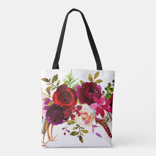 Bolsa Tote Watercolor Bohemian Floral Burgundy Marsala Red (Verso)