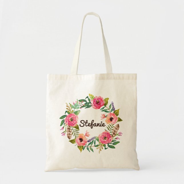 Bolsa Tote Watercolor Boho Floral Wreath Bridesmaid (Frente)