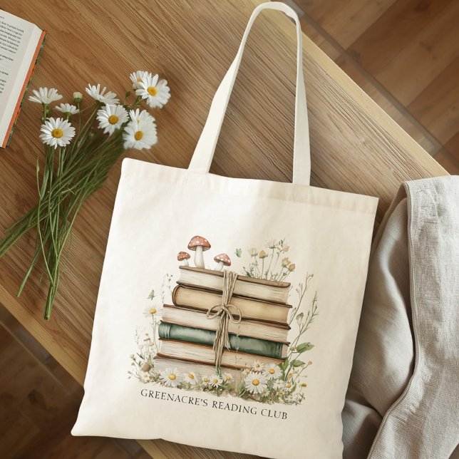 Bolsa Tote Watercolor Books and Wildflowers Book Club Name (Criador carregado)