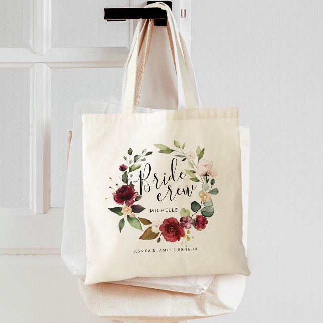 Bolsa Tote Watercolor Burgundy Floral Wreath Brit Crew (Watercolor Burgundy Floral Wreath Bride Crew Name Tote Bag)