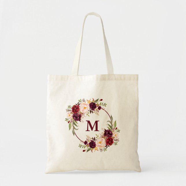 Bolsa Tote Watercolor Burgundy Floral Wreath Monograma (Frente)