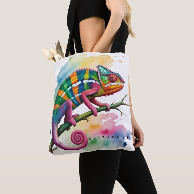 Bolsa Tote Watercolor Colorful Chameleon Birthday Party (Close Up)