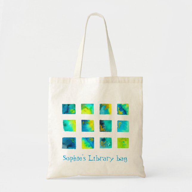 Bolsa Tote Watercolor cute squares blue library name (Frente)