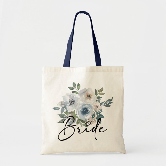Bolsa Tote Watercolor Dusty Blue Floral Bride  (Frente)