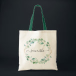 Bolsa Tote Watercolor Eucalyptus Greenery Personalizado<br><div class="desc">Esta bolsa de tote apresenta as folhas verdes de eucalipto,  pintadas manualmente,  com cor d'água,  com o estilo de uma coroa,  em conjunto com uma fonte suave e branca,  podem ser personalizadas com o seu nome.</div>