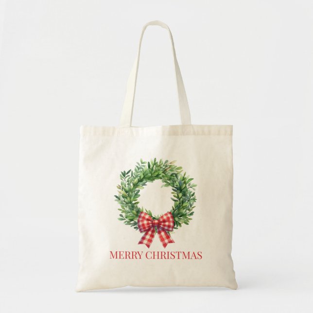Bolsa Tote Watercolor Green Wreath With Red Gingham Bow (Frente)