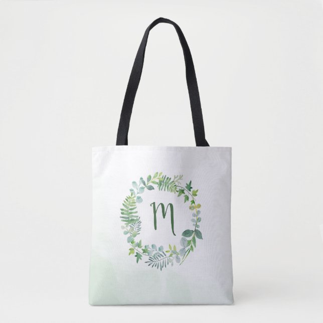 Bolsa Tote Watercolor Greenery Wreath Monograma (Frente)