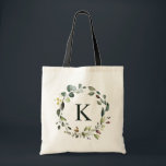 Bolsa Tote Watercolor Greenery Wreath Monograma Bridesmaid<br><div class="desc">Saco de tote de cor de água,  botânica e verde,  para dama personalizada de damas de honra ou de madrinha de casamento.</div>