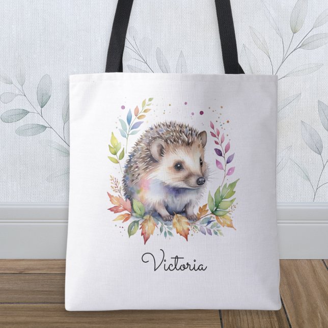 Bolsa Tote Watercolor Hedgehog Woodland Animal Personalized (A personalized tote bag with illustration of a cute hedgehog and leaves, in a watercolor style)