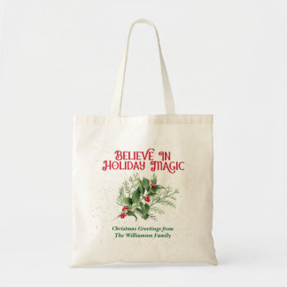 Bolsa Tote Watercolor Holly Believe Holiday Magic Christmas