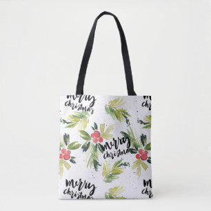 Bolsa Tote Watercolor Holly e Winter Greenery Natal