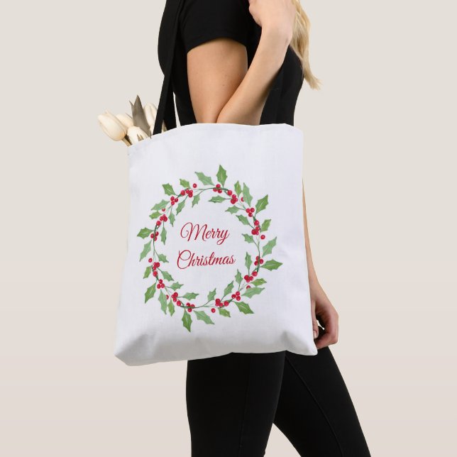 Bolsa Tote Watercolor Holly Wreath (Close Up)