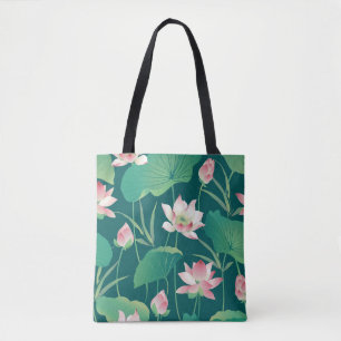 Bolsa Tote Watercolor lotus: flores sem costura vindimas.