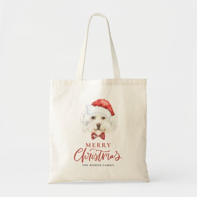 Bolsa Tote Watercolor maltês com Natal Personalizado com Sant (Frente)