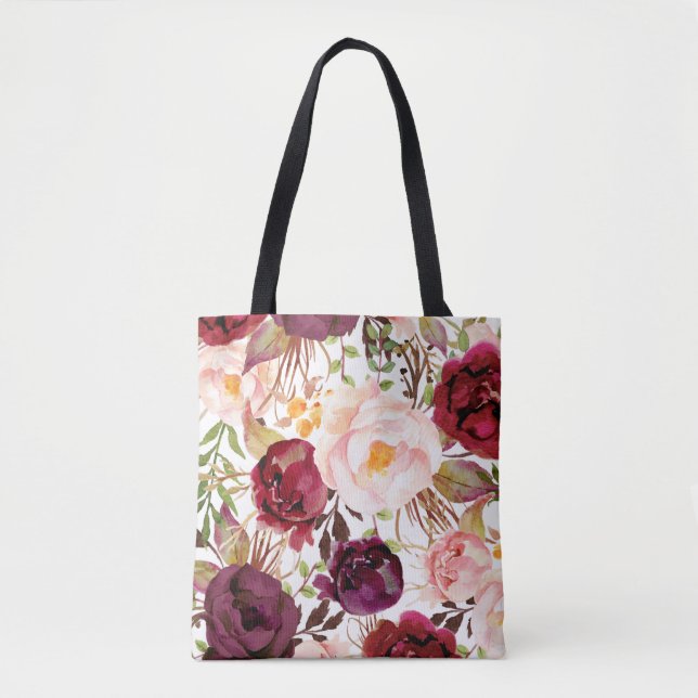 Bolsa Tote Watercolor Marsala Rosa Esbranquiçada Saco Floral (Frente)