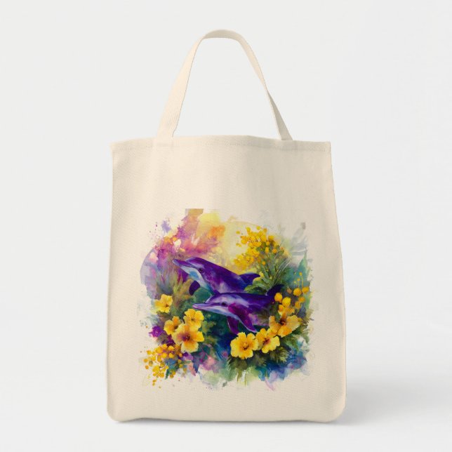 Bolsa Tote Watercolor Ocean Dolphins Tropical Flowers (Frente)