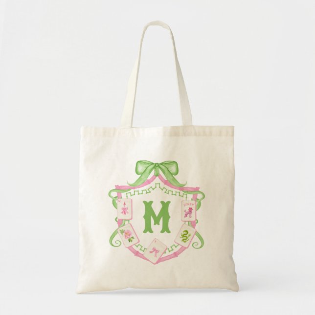 Bolsa Tote Watercolor Pink & Green Bow Mahjong Monogram Crest (Frente)