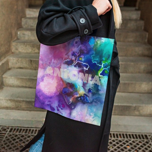 Bolsa Tote Watercolor Rainbow Whimsical Personalizable Name (Criador carregado)