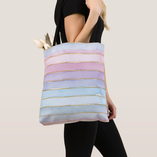 Bolsa Tote Watercolor Stripes Blue Purple Pink Summertime (Close Up)