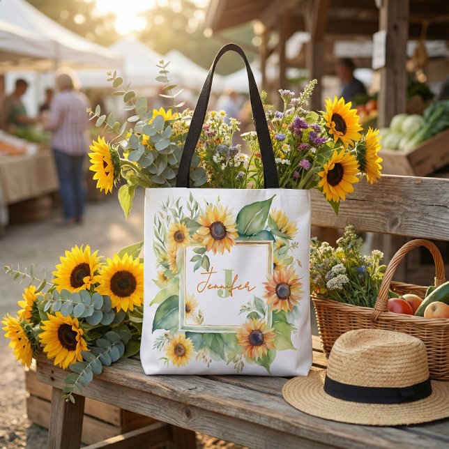 Bolsa Tote Watercolor Sunflower Floral Personalized Monogram (Criador carregado)