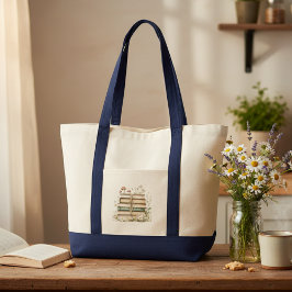 Bolsa Tote Watercolor Vintage Books and Wildflowers