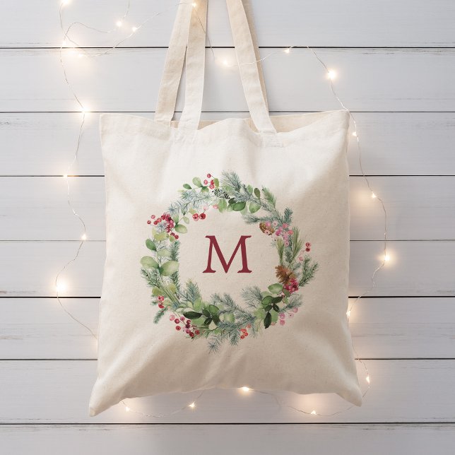 Bolsa Tote Watercolor Winter Greenery Wreath Monograma (Watercolor Winter Greenery Wreath Monogram Tote Bag)