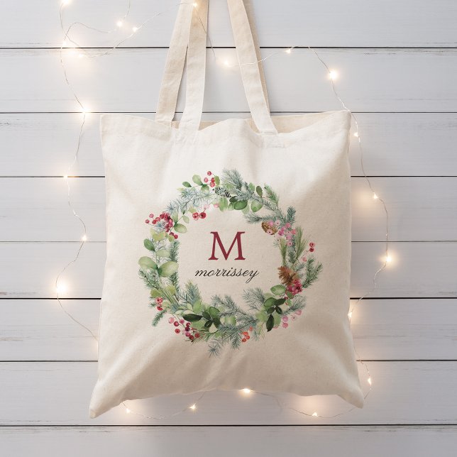 Bolsa Tote Watercolor Winter Greenery Wreath Monograma (Watercolor Winter Greenery Wreath Monogram Tote Bag)