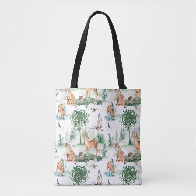 Bolsa Tote Watercolor Woodland Baby Animal Patterno (Frente)