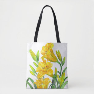 Bolsa Tote Watercolor Yellow Day Lily Floral Art