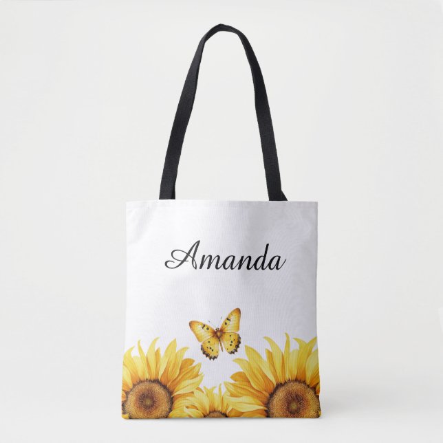 Bolsa Tote Watercolor Yellow Dourado Butfly Nome Sunflower (Frente)