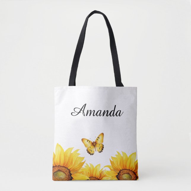 Bolsa Tote Watercolor Yellow Nice Butfly Nome Sunflower (Frente)