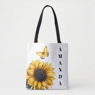 Bolsa Tote Watercolor Yellow Side Butfly Nome Girassol